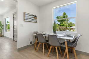 Dining space featuring light wood finished floors and baseboards