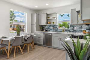 Kitchen with gray cabinetry, stainless steel dishwasher, a sink, light countertops, and tasteful backsplash