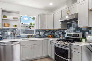 Kitchen with appliances with stainless steel finishes, under cabinet range hood, a sink, light countertops, and gray cabinets