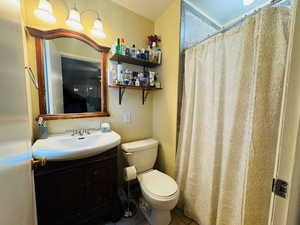owner's bathroom with toilet, vanity, tile patterned flooring, and a shower with curtain