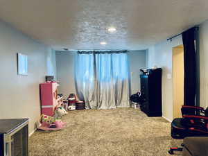 Playroom with carpet, a textured ceiling, and baseboards