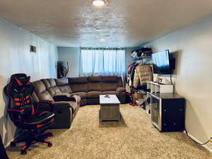 Carpeted living room featuring a textured ceiling, baseboards, and recessed lighting