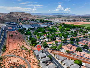 Aerial view of residential area with mountains