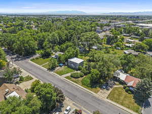 Aerial view of residential area with mountains