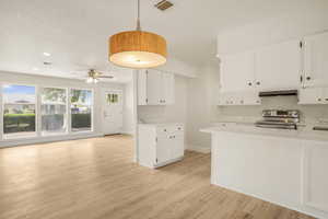 Kitchen with electric stove, extractor fan, light wood-style floors, white cabinets, and baseboards