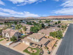 Aerial view of residential area with a mountain backdrop