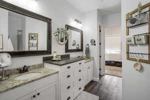 Bathroom with wood finished floors and vanity