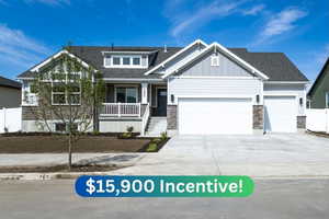 View of front of home featuring an attached garage, a porch, stone siding, concrete driveway, and a shingled roof