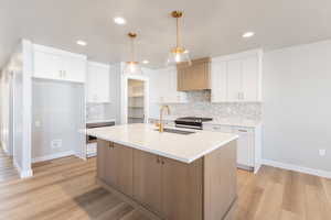 Kitchen featuring a sink, tasteful backsplash, light wood-type flooring, white cabinetry, and recessed lighting