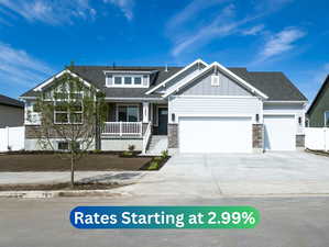 Craftsman house with an attached garage, stone siding, a porch, driveway, and a shingled roof