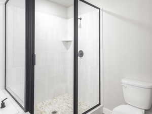 Full bath featuring a shower stall, toilet, and tile patterned flooring
