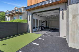 Exterior space with a garage