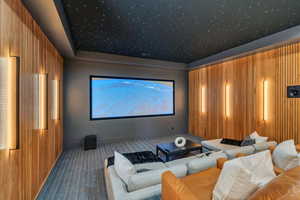 Cinema with carpet flooring and baseboards
