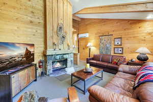 Living room featuring wood-burning fireplace and wall-mounted air conditioning and heat