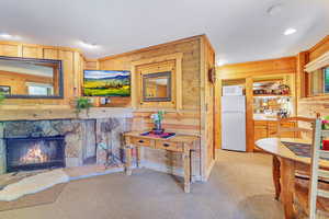Interior space featuring wood walls, light colored carpet, a stone fireplace, and recessed lighting