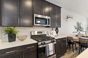Kitchen featuring stainless steel appliances, light wood-style floors, light countertops, and dark brown cabinets