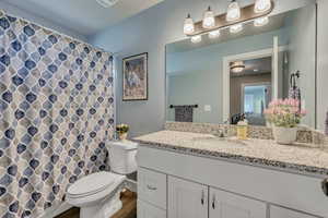 Bathroom with toilet, vanity, wood finished floors, connected bathroom, and curtained shower