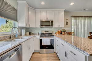 Kitchen featuring stainless steel appliances, a sink, recessed lighting, white cabinetry, and light wood finished floors