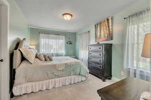 Bedroom featuring light carpet