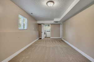 Empty room featuring a textured ceiling, independent washer and dryer, light carpet, and baseboards