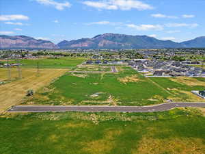 Aerial view of residential area with a mountainous background