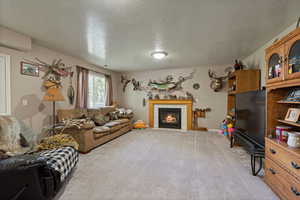 Carpeted living area with a textured ceiling and a tiled fireplace