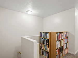 Hallway with carpet floors, a textured ceiling, and baseboards
