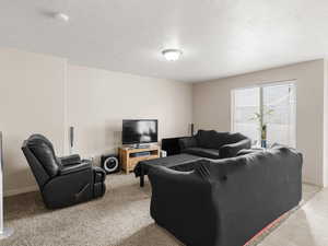Living room with a textured ceiling, light colored carpet, and baseboards