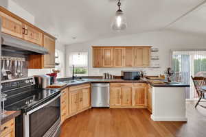 Kitchen featuring appliances with stainless steel finishes, lofted ceiling, dark countertops, light wood finished floors, and a peninsula