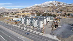 Aerial view of residential area with a mountain backdrop