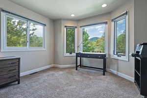 Unfurnished office with carpet flooring, baseboards, and recessed lighting
