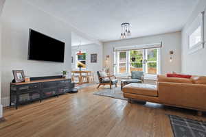 Living room featuring wood-type flooring, plenty of natural light, and a textured ceiling