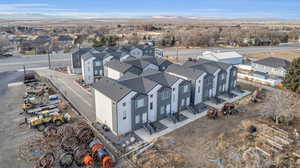 Aerial view of residential area with mountains
