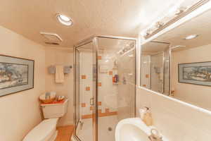 Bathroom featuring a toilet, sink, and a shower stall.