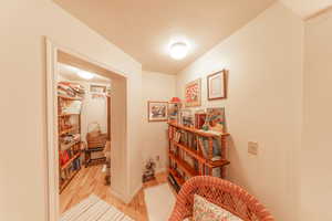 Walk in closet in basement bedroom.