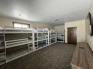 Bedroom featuring a textured ceiling and carpet flooring