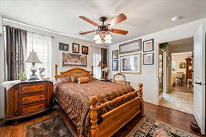 Bedroom with dark wood finished floors and a ceiling fan