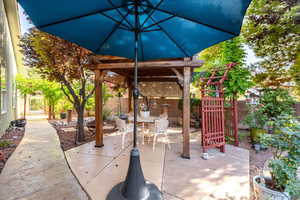 Fenced backyard featuring outdoor dining area and a patio area