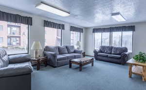 Carpeted living room with a textured ceiling