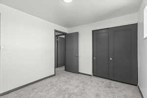 Unfurnished bedroom featuring carpet flooring, a closet, and baseboards