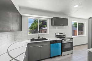Kitchen featuring stainless steel electric range oven, dishwashing machine, a sink, light countertops, and decorative backsplash