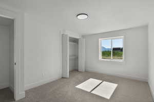Unfurnished bedroom featuring carpet flooring, a closet, and baseboards
