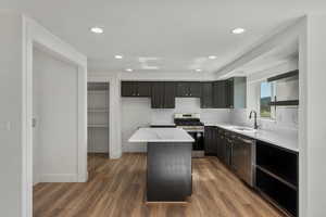 Kitchen featuring appliances with stainless steel finishes, a sink, dark wood finished floors, recessed lighting, and tasteful backsplash