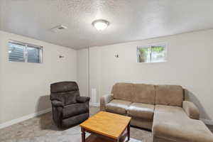 Living area featuring carpet, baseboards, and a textured ceiling