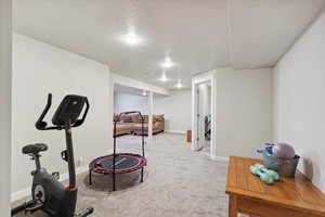 Workout room with carpet floors, baseboards, and a textured ceiling