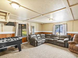 Carpeted living room featuring a textured ceiling, wooden walls, and a wainscoted wall