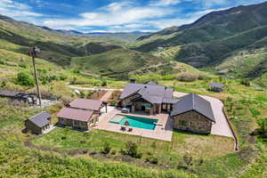 View of subject property with a pool and a mountainous background
