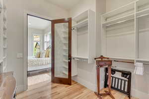 Walk in closet with wood finished floors