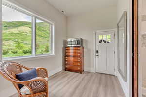 Entryway with light wood-style flooring and baseboards