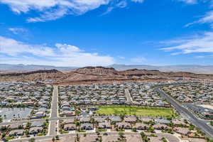 Aerial perspective of suburban area with mountains